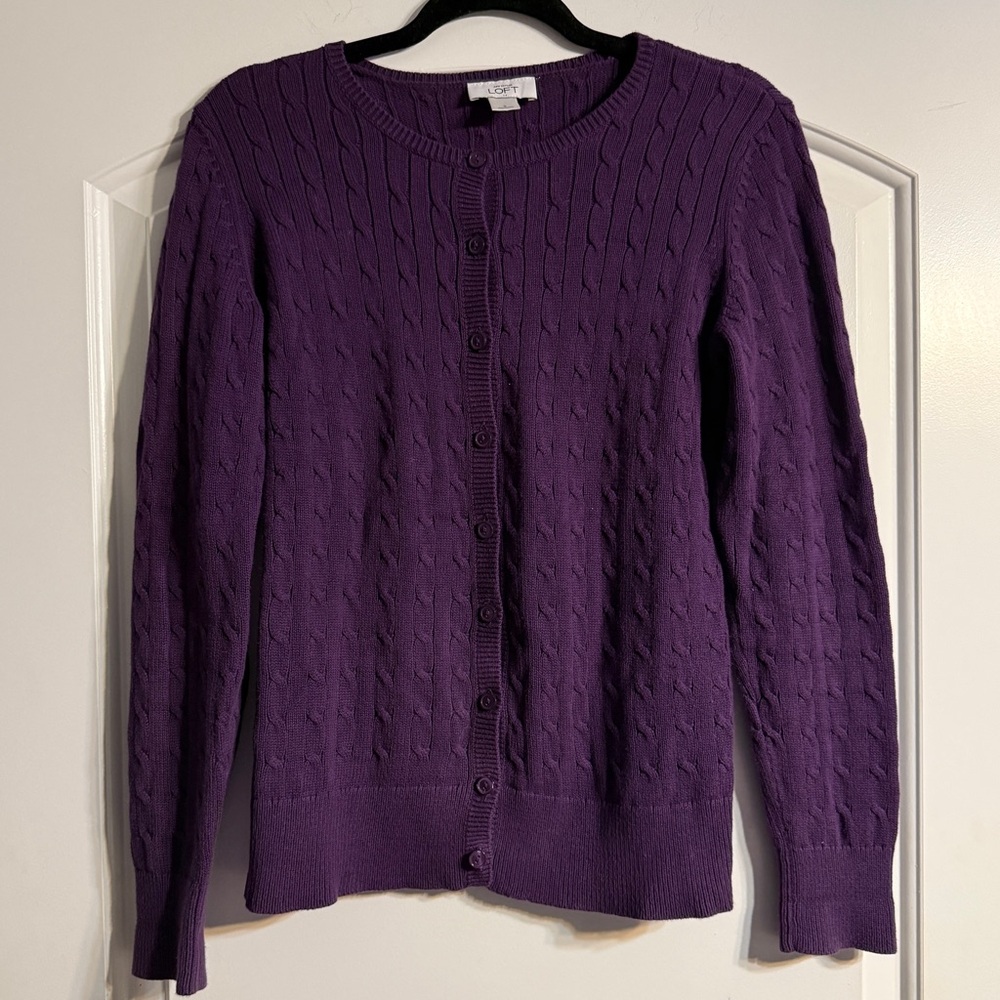 LOFT Cable Knit Cardigan Women Small Purple Preppy Cotton Button Front Sweater
